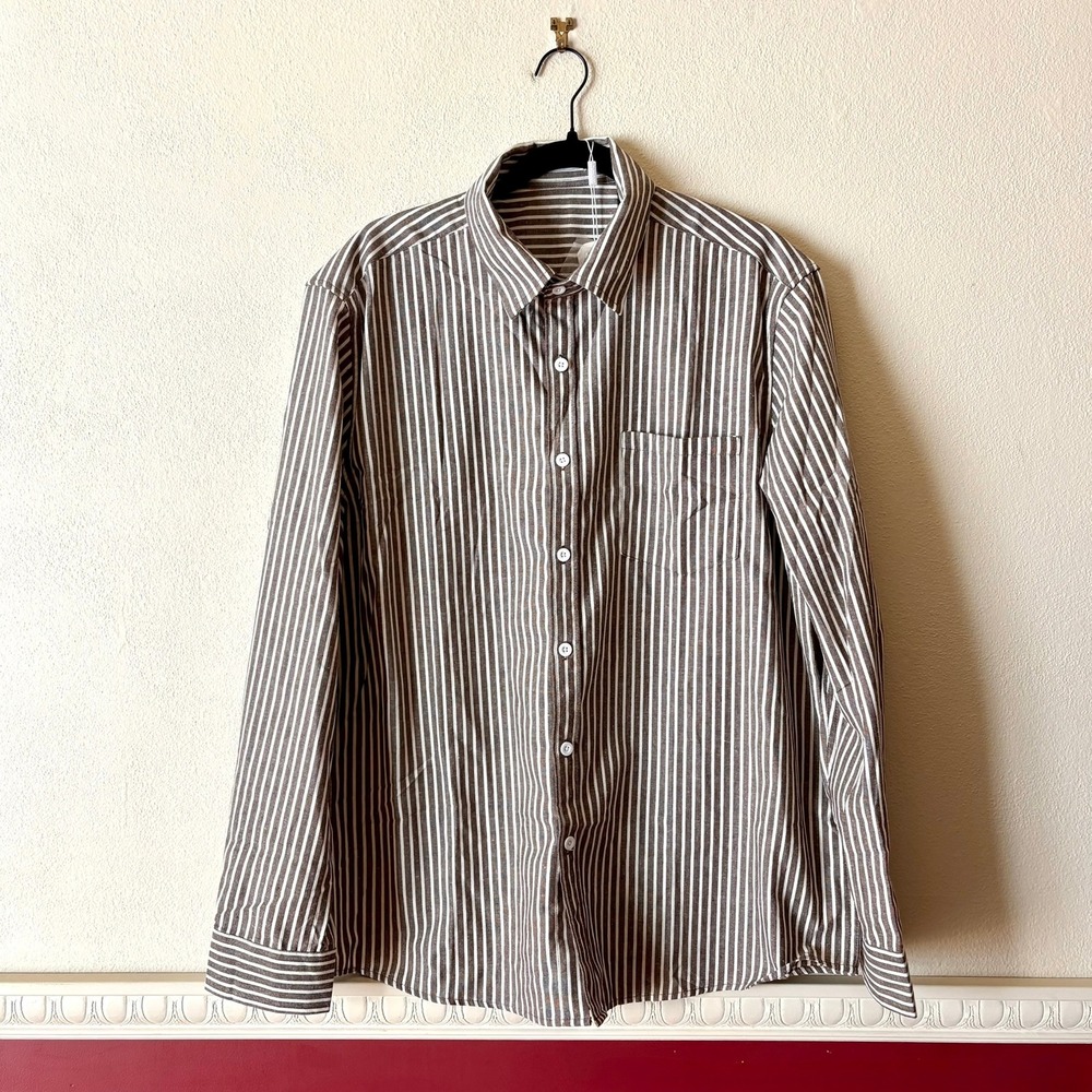 Coofandy Mens XL Brown White Striped Cotton Long Sleeve Button Down Shirt NWT
